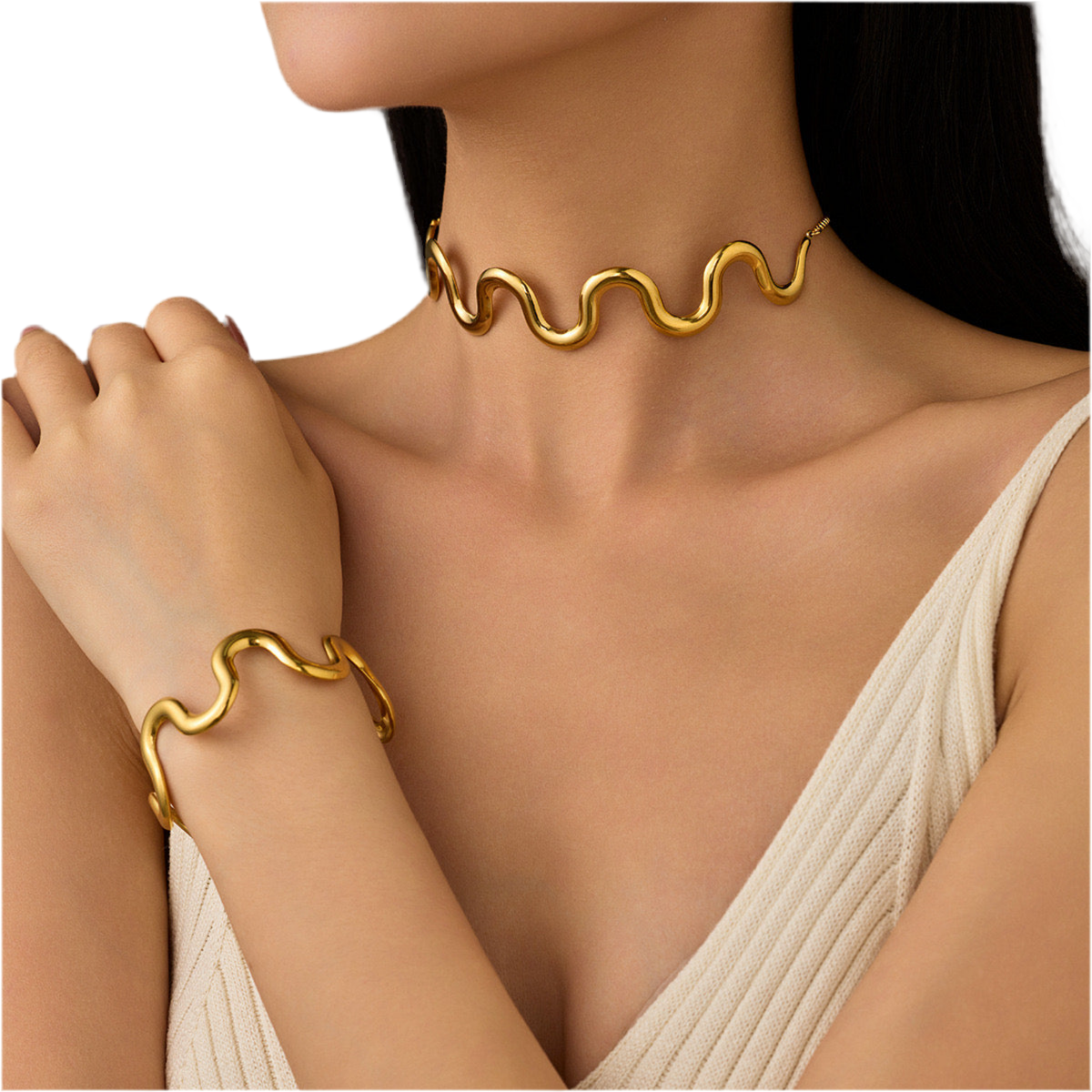 Collar de onda dorada (estilo choker) incluye su brazalete